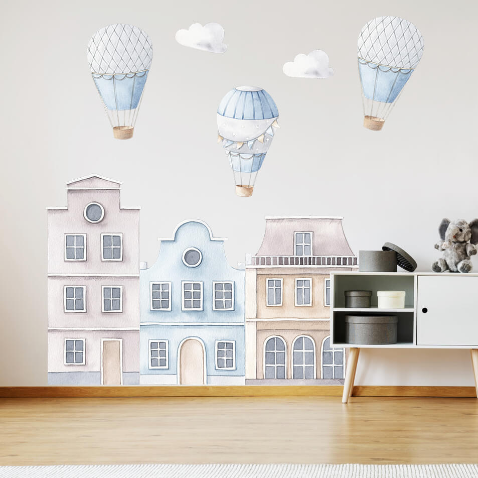 Сини къщи и балони с горещ въздух за детска стая